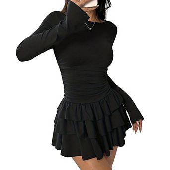 Women Ruched Tiered Ruffle Mini Dress Long Sleeve Summer Dress for Party