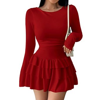 Women Ruched Tiered Ruffle Mini Dress Long Sleeve Summer Dress for Party