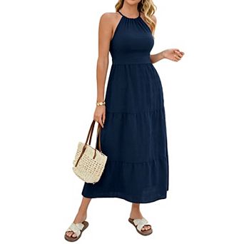Women Halter Neck Tiered Maxi Dress Backless Wrap Tie for Summer Wedding Guest