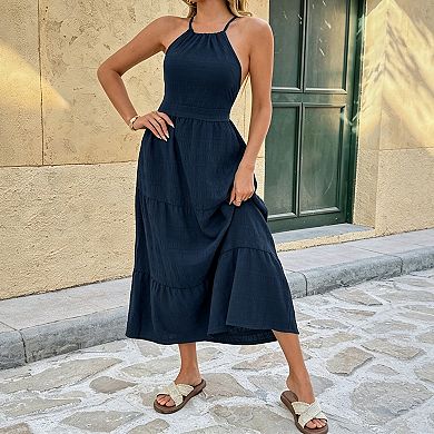 Women Halter Neck Tiered Maxi Dress Backless Wrap Tie for Summer Wedding Guest