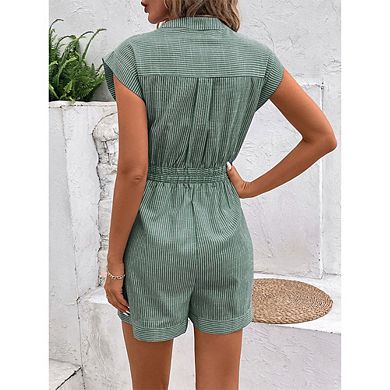 Women Casual Romper Short Sleeve Striped Button Down Jumpsuit