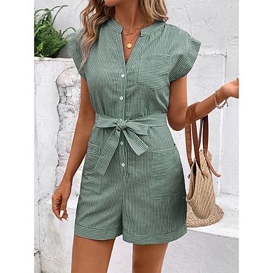 Women Casual Romper Short Sleeve Striped Button Down Jumpsuit