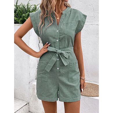 Women Casual Romper Short Sleeve Striped Button Down Jumpsuit