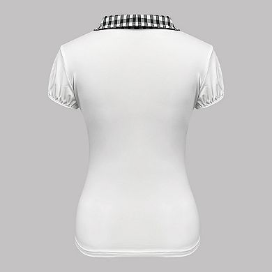 Gingham Blouse for Women Collar Lace Trim Short Sleeve Top Buttoned Patchwork Casual Chic T-Shirt