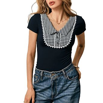 Gingham Blouse for Women Collar Lace Trim Short Sleeve Top Buttoned Patchwork Casual Chic T-Shirt