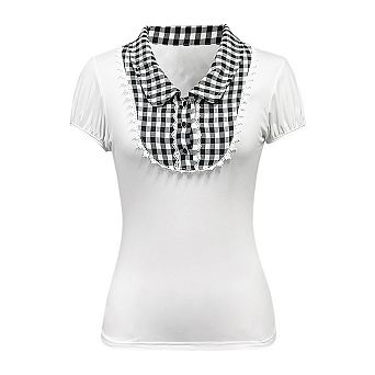Gingham Blouse for Women Collar Lace Trim Short Sleeve Top Buttoned Patchwork Casual Chic T-Shirt