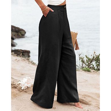 Women's High-Waisted Wide-Leg Pants with Button Detail