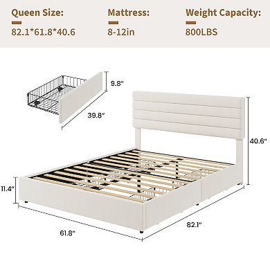 Velvet Storage Bed with 4 Drawers Upholstered Platform Bed, No Box Spring Needed
