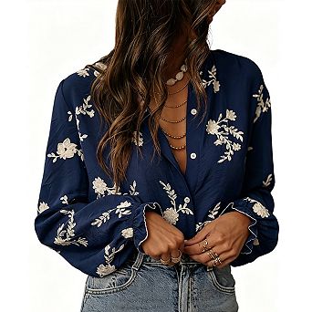 Women's Lantern Sleeve Jacquard Blouse with Ruffle Stand Collar