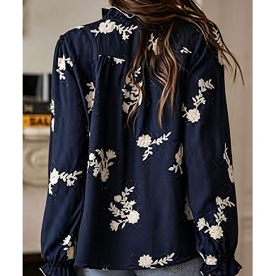 Women's Lantern Sleeve Jacquard Blouse with Ruffle Stand Collar