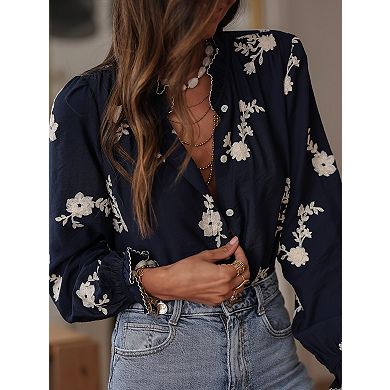 Women's Lantern Sleeve Jacquard Blouse with Ruffle Stand Collar