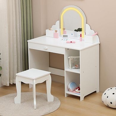 Kids Dressing Table with Mirror & Stool, Wooden Princess Vanity with Lights for Girls
