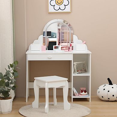 Kids Dressing Table with Mirror & Stool, Wooden Princess Vanity with Lights for Girls