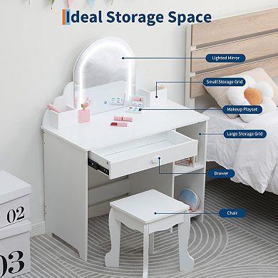 Kids Dressing Table with Mirror & Stool, Wooden Princess Vanity with Lights for Girls