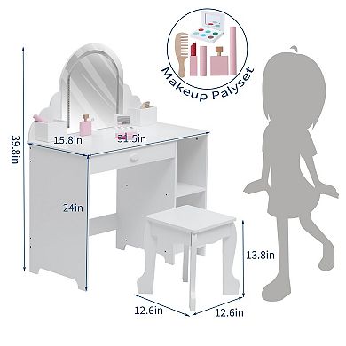 Kids Dressing Table with Mirror & Stool, Wooden Princess Vanity with Lights for Girls