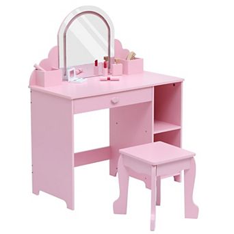 Kids Dressing Table with Mirror & Stool, Wooden Princess Vanity with Lights for Girls