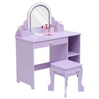Kids Dressing Table with Mirror & Stool, Wooden Princess Vanity with Lights for Girls