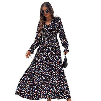 Women's V-Neck Printed Maxi Dress Fashionable Holiday Long Sleeve Maxi Dress
