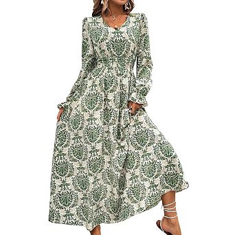 Women's V-Neck Printed Maxi Dress Fashionable Holiday Long Sleeve Maxi Dress