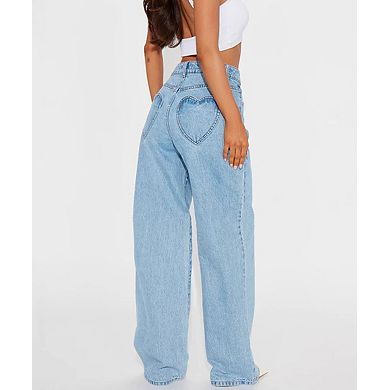 Women's High-Waisted Straight Leg Jeans with Heart Pockets