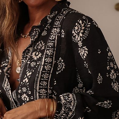 Women's Printed Lantern Sleeve Blouse Ruffle Collar Fashion Top