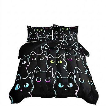 Twin Comforter Set Cartoon Cat Lightweight Kids Bedding 3 pc