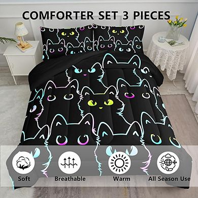 Twin Comforter Set Cartoon Cat Lightweight Kids Bedding 3-Piece