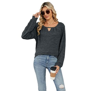 Women's Long Sleeve Spring Fall Top Round Neck Keyhole Loose Fit Casual Knit Shirt