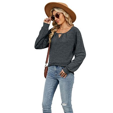 Women's Long Sleeve Spring Fall Top Round Neck Keyhole Loose Fit Casual Knit Shirt