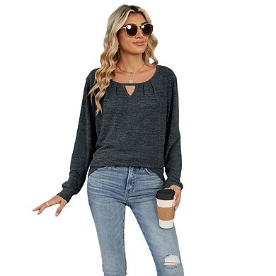 Women's Long Sleeve Spring Fall Top Round Neck Keyhole Loose Fit Casual Knit Shirt