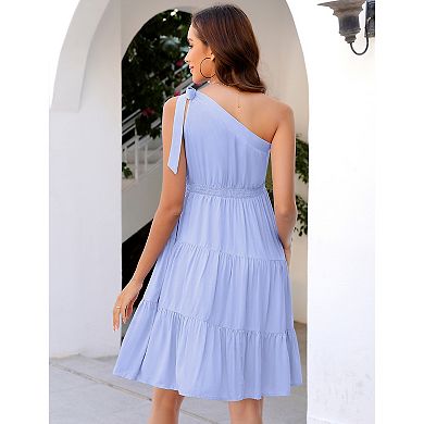 Maternity One-Shoulder Bow Mini Dress, Tiered Ruffle Casual Dress