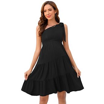 Maternity One-Shoulder Bow Mini Dress, Tiered Ruffle Casual Dress