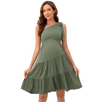 Maternity One-Shoulder Bow Mini Dress, Tiered Ruffle Casual Dress