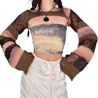 Women's Crochet Crop Tops Shrugs Y2k Hollow Out Sweater Knit Crochet Long Sleeve Crop Tops