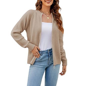 Women's Cardigan Sweaters Open Front Long Sleeve Ribbed Knit Zipper Short Cardigans Outerwear Coats