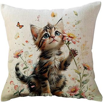Spring Cat Daisy Butterfly Throw Pillow Cover Soft Decorative Cushion Case