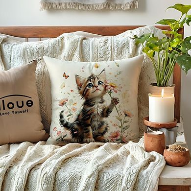 Spring Cat Daisy Butterfly Throw Pillow Cover Soft Decorative Cushion Case