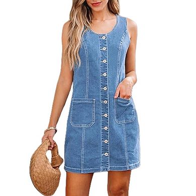 Women Sleeveless Denim Mini Dress Button Down Short Shift Jean Overall Dress Tank Patchwork Pocket