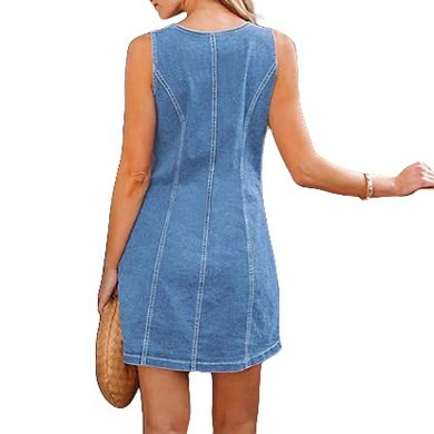 Women Sleeveless Denim Mini Dress Button Down Short Shift Jean Overall Dress Tank Patchwork Pocket