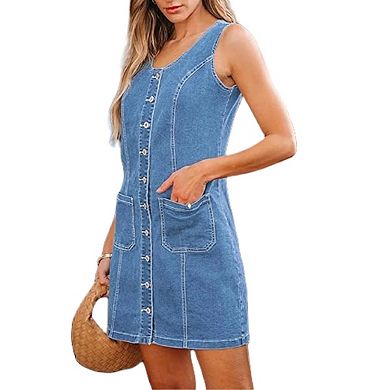 Women Sleeveless Denim Mini Dress Button Down Short Shift Jean Overall Dress Tank Patchwork Pocket