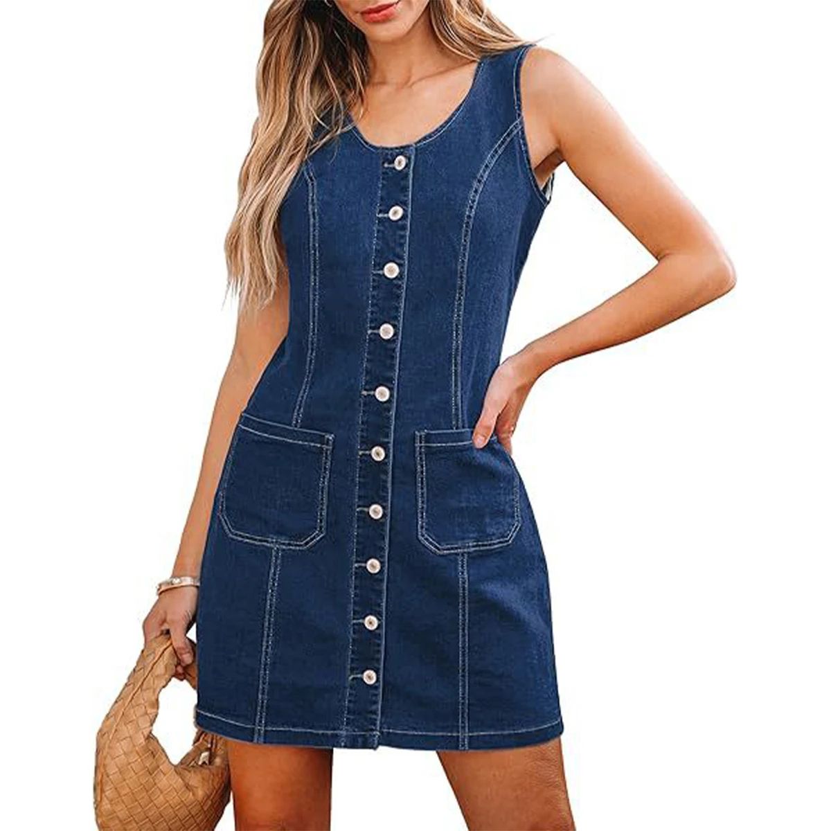 Женские платья Women Sleeveless Denim Mini Dress Button Down Short Shift Jean Overall Dress Tank Patchwork Pocket