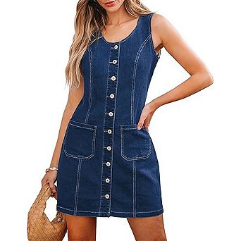 Women Sleeveless Denim Mini Dress Button Down Short Shift Jean Overall Dress Tank Patchwork Pocket
