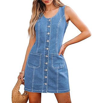 Women Sleeveless Denim Mini Dress Button Down Short Shift Jean Overall Dress Tank Patchwork Pocket
