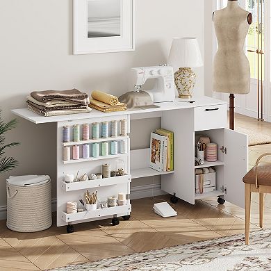 Home Folding Sewing Work Table Multipurpose Craft Station with Drawer Cabinet and Rolling Wheels