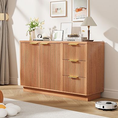 Modern Storage Buffet Table, 47 Inch Wooden Sideboard with Drawers Open Shelf for Living Space
