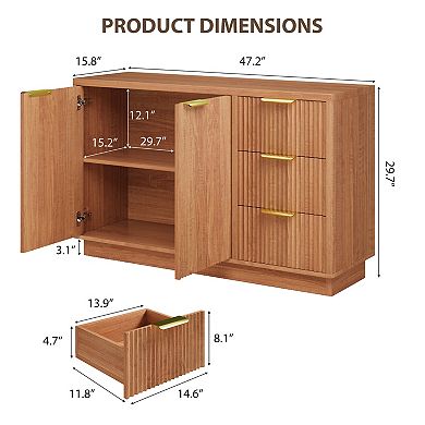 Modern Storage Buffet Table, 47 Inch Wooden Sideboard with Drawers Open Shelf for Living Space