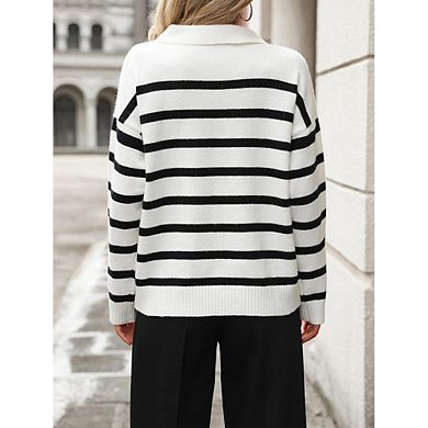 Women's V-Neck Polo Collar Striped Knit Sweater Loose Fit Long Sleeve Casual Pullover Top