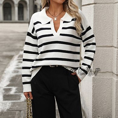 Women's V-Neck Polo Collar Striped Knit Sweater Loose Fit Long Sleeve Casual Pullover Top
