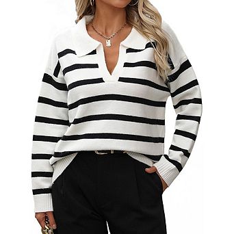 Women's V-Neck Polo Collar Striped Knit Sweater Loose Fit Long Sleeve Casual Pullover Top