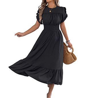 Women's Round Neck Ruffle Short Sleeve Smocked Waist Midi Dress A-Line Long Dress for Casual Party
